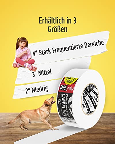 Professionelles Teppich-Klebeband, 5,1 cm x 40 m, 2 x mehr. - Doppelseitiges, rutschfestes Teppichband, hochwertiges weißes Finish, Perfekter Greifer zum Halten von Teppichen im Innenbereich