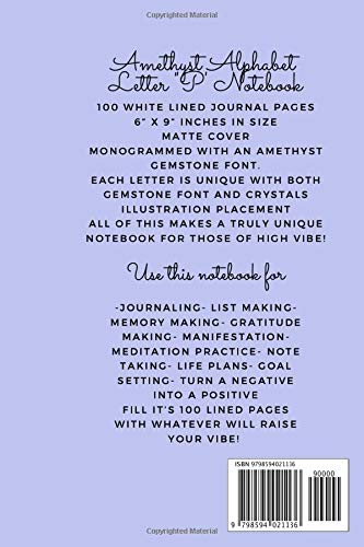 Amethyst Alphabet Letter ‘P’ Notebook: Purple Monogrammed Gemstone Crystal Notebook ; 6" x 9" inches white lined Journal Pages (Amethyst Alphabet Notebooks) - Image 2