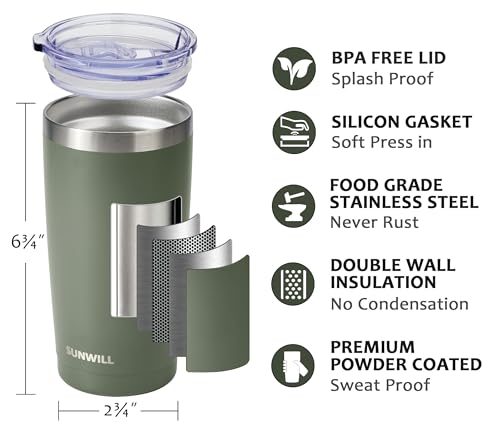 Image of SUNWILL Travel Coffee Tumbler 20 oz, Insulated Mug with Lid, Stainless Steel Iced Cup for Outdoor, Powder Coated Camp Green