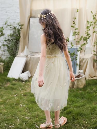 New 4-11Years Girls Beige Tulle Cami Dress Sparkle Feather Cotton Lined Party Dress4