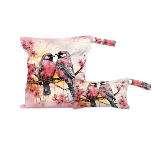 GzLeyigou 2 Set Bird Wet Dry Bags for Baby Cloth Diapers Waterproof Reusable Storage Bag for Travel,Beach,Pool,Daycare,Stroller,Gym,Laundry,Dirty Clothes,Swimsuits Wet Clothes, Birds on Tree Wet Bag