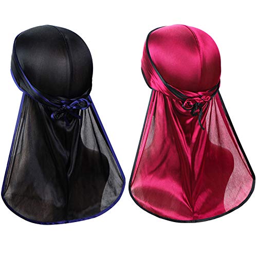 2 Pieces Super Soft Durag Headwraps with Extra Long Tail and Wide Straps for 360 Waves