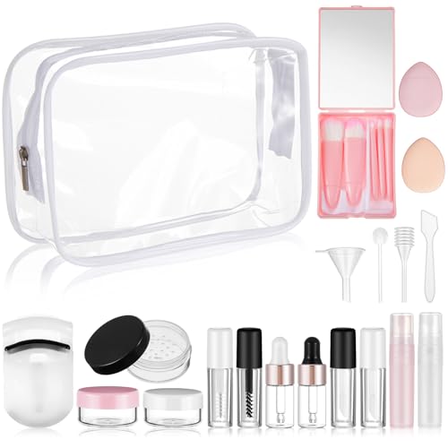 Maxdot 20 Pack Travel Makeup Containers Set Mini Makeup Brush Empty Bottles Kit with Finger Puff Spatulas Leak Proof Refillable Cosmetic Accessories for Liquid Toiletries Skincare Shampoo Mascara