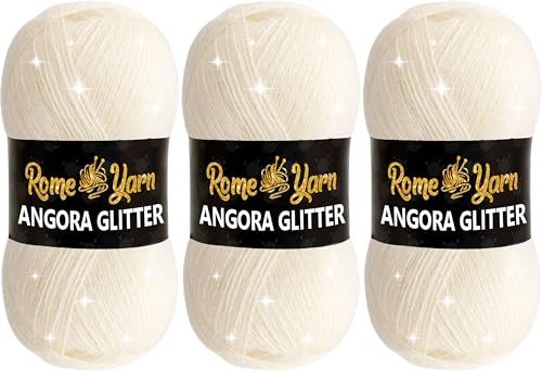 Rome Yarn Angora Glitter Yarn | Fil Angora Pailleté | Fil Scintillant pour Tricot et Crochet (3 Pelotes, 25 Crème)