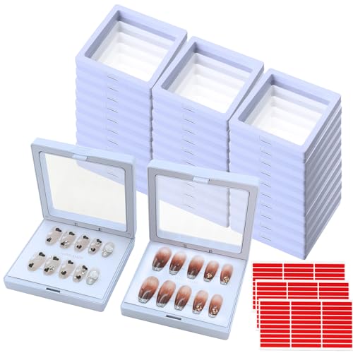 GUXACU 32 Pack Press On Nail Packaging Boxes - 3D Floating Storage and Display Box With 90pcs Double Sided Adhesive Tape for Nail Tech
