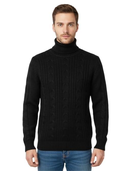 Men's Cable Knit Turtleneck Sweater, Black, Long Sleeve Pullover | Size : M-picture-12