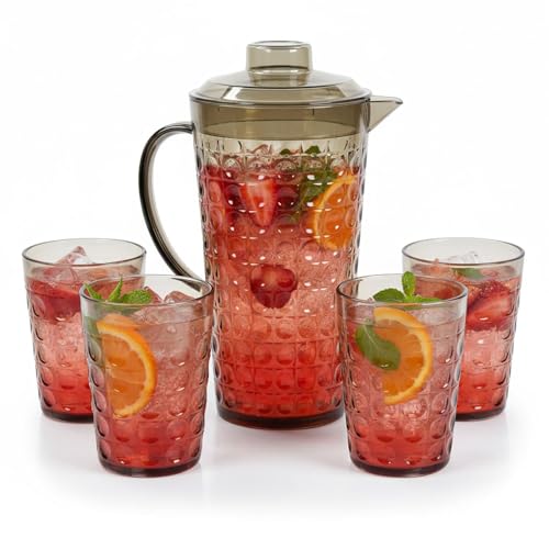 Image of Thrink 5 Piece Bubble Design Plastic Drinkware Set, 2L Jug with Lid and 4 x 400ml Cups, Grey BPA Free Shatterproof Pitcher for Water, Juice, Lemonade, Smoothies, Cocktails and Family Meals