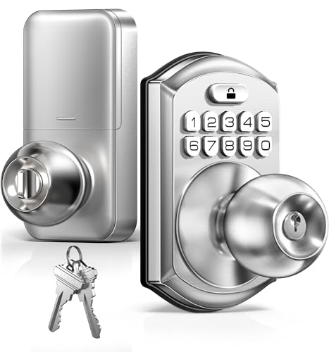 TEEHO Keyless Entry Keypad Door Lock with Handle, Electronic Digital Smart Locks for Front Door, Easy to Install Keypad Deadbolt with Code for Bedroom, Anti-Peeping Password - Nickel