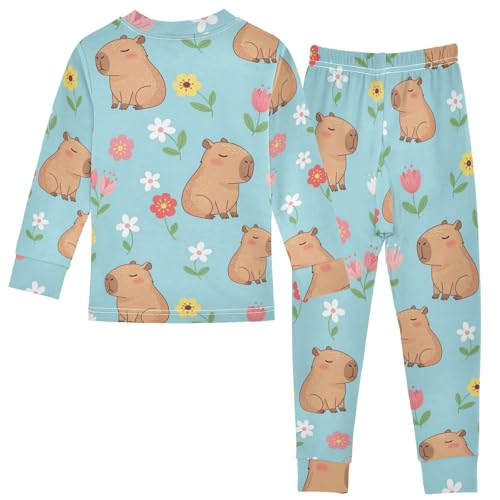 Pajama Sets Long Sleeve Capybara with Flowers Cute Soft Comfy Sleepwear 2 Piece PJS 3-8T3