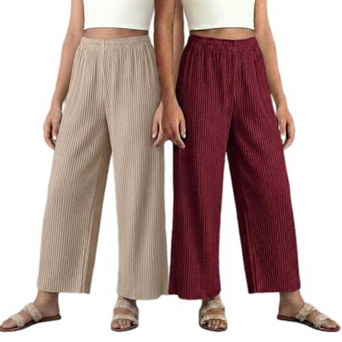Image of Set of Combo Trouser and Pants for Girls and Women's Relaxed Fit Stretchable Regular Fit Palazzos Lightweight Elastic Waistband Bottoms for Daliy Office & Casual Wear