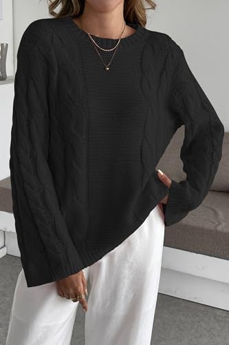 Image of Cakulo Womens Oversized Pullover Sweaters Bell Sleeve Chunky Cable Knit Sweater Crewneck Trendy Knitted Tops 2025