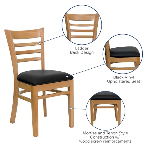Image of Flash Furniture HERCULES Series Ladder Back Natural Wood Restaurant Chair - Black Vinyl Seat