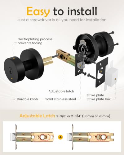 Image of Goldenwarm Black Door Knobs Entry, Zinc Alloy Matte Black Door Knobs with Lock and Key, Front Door Lock for Exterior or Interior, Adjustable & Reversible (1 Pack)