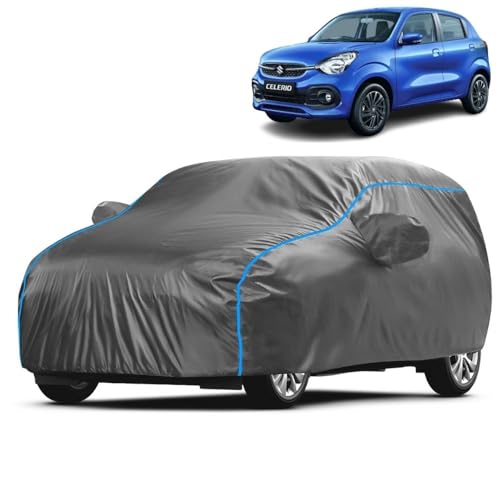 Image of Kerwa Car Body Cover Waterproof with Maruti Celerio, Dust & UV Resistant All-Weather Proof Full Body Cover, Grey with Blue Lining, Triple Stitched Elastic Bottom with Mirror Pocket