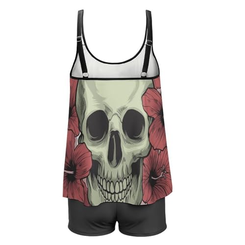 Tankini tête de mort fleur rouge avec short pour sublimer vos journées à la plage - 5