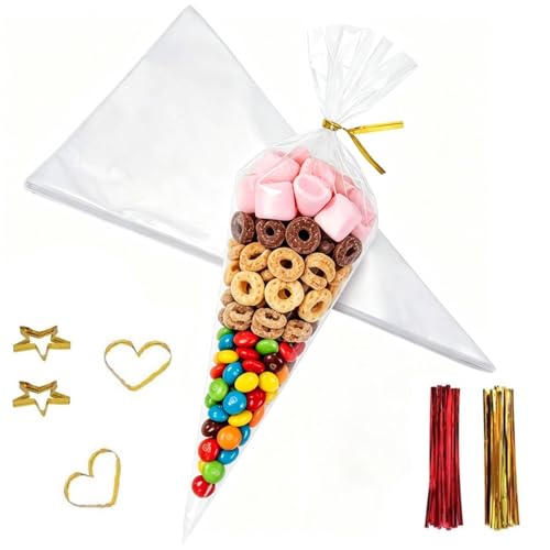 OMBRISA Sweet Cones Bags 100 Pcs Sweet Cone Bag 25x13cm with 100 Twist Ties Cone Bags Transparent Triangle Cellophane Bags Gift Bags for Gifting Party Favors Candy-Snack Packaging