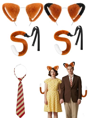 Chicingyou 5 Pcs Fantastic Fox Couple Style Halloween Costume Accessories 2 Set Include Fur Fox Ears Headband Tail and Stripe Tie for Adult Men Women Animal Halloween Cosplay Dress Party