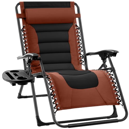 Best Choice Products Silla de gravedad cero acolchada de gran tamaño, reclinable plegable para patio al aire libre, tumbona antigravedad XL para patio trasero con reposacabezas, soporte para tazas,