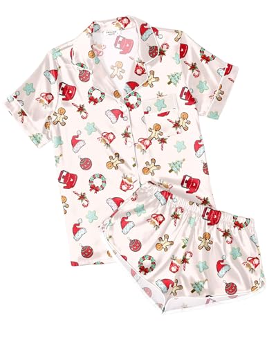 Ekouaer Womens Silky Satin Pajamas Short Sleeve Sleepwear Soft Button Down Loungewear 2 Piece PJS Shorts Set Beige Christmas Gingerbread Medium
