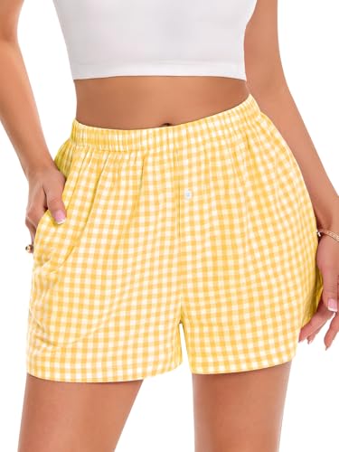 Image of Women Boxer Shorts Summer Gingham Pj Casual Plaid Bottoms with Pocket