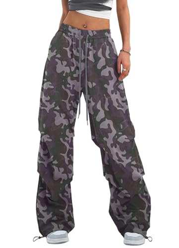 Bakyarder Women’s Y2K Baggy Parachute Pants Wide Leg Casual Track Pants with Adjustable Drawstring Waist Purple Camo Small