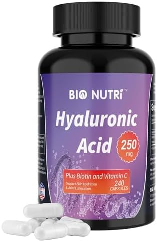Hyaluronic Acid Supplements 250mg|240 Capsules，with Biotin 5000mcg & Vitamin C 25mg – Skin, Hair & Joint 3 in1 Support