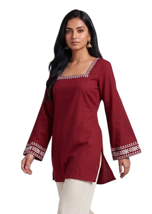 Image of MAHIRA'S Comfort Women's Short Kurti, Rayon Tunic Top with 3 /4 Embroidered Designer Sleeves | Soft Breathable Fabric | Office & Casual Kurti for Jeans, Leggings & Trousers