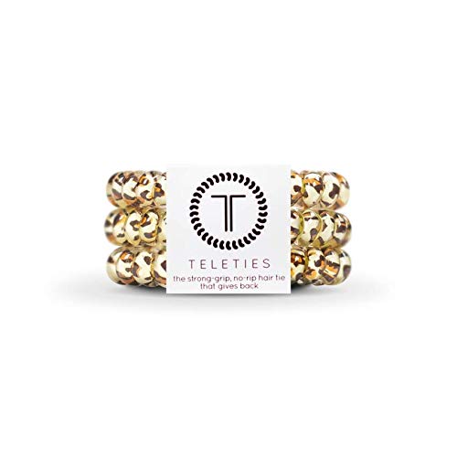 TELETIES - Spiral Hair Coils - Ponytail Holder Hair Ties for Women - Phone Cord Hair Ties - Strong Grip, No Rip, Water Resistant, No Crease Hair Tie Coils - 3 pack (Small, Leopard)