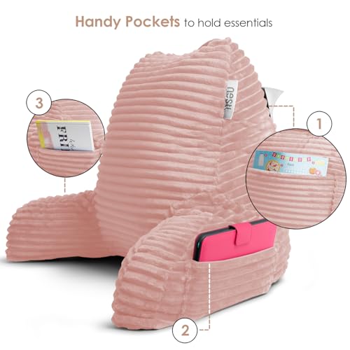 Image of Nestl Peach Beige Reading Pillow with Bed Desk for Laptop and Writing, Luxe Cut Plush Back Pillow for Sitting Up, Back and Arms Adjustable Support for Adult and Teens, Foldable Lap Desk for Bed 22x14 inch
