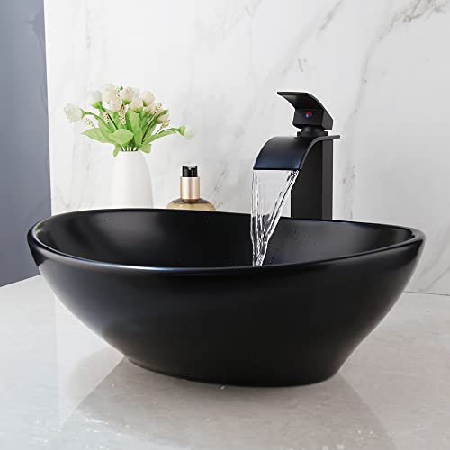 Yanksmart Oval Bathroom Vessel Sink Ceramics Deck Mounted Washing Bowl Waterfall Faucet Mixer Brass Tap Set #TOP5