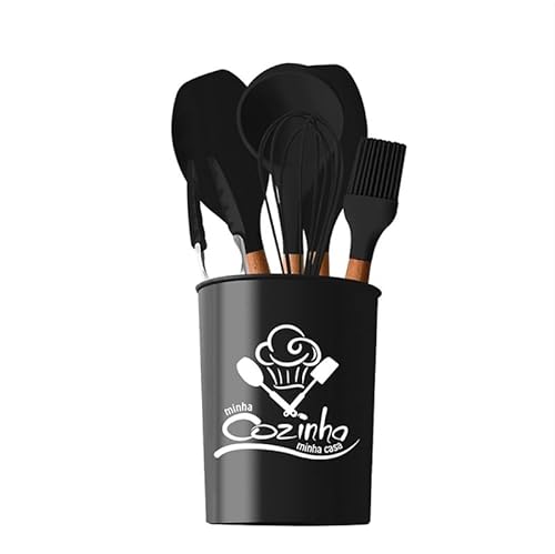 Conjunto Kit Utensílios Cozinha em Silicone Antiaderentes com cabo de Madeira - Conjunto de Utensíli