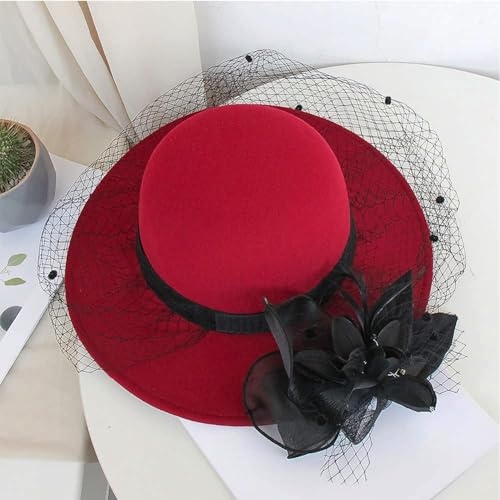 Hinyboeh Womens Wide Brim Bowler Fedora Hat Vintage Felt Floppy Fascinator Hat With Veil Winter Kentucky Hat Derby Wedding Party Hat Dark Red thumb #2