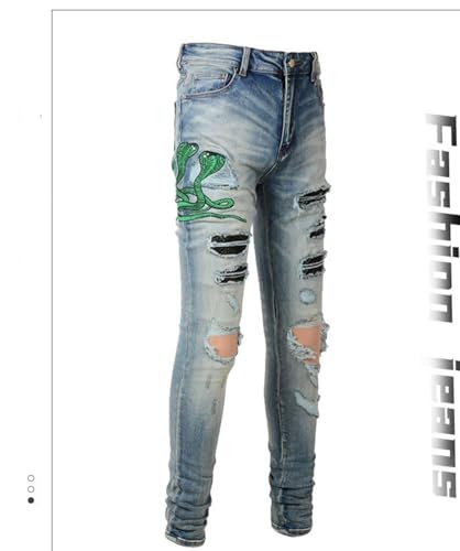 Jeans Pants Trousers Denim Men Street Trendy Stretch Tight Slim Fit Personalized Embroidered Snake Pattern Washed Blue Hole Patch Casual Small Foot(Light Blue,29)2