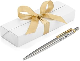 Personalised Engraved Parker Jotter Stainless Steel Gold Trim Ballpoint Pen in a White Presentation Box with Blue Ink - Personalised Gifts for Christmas - Enter Your Custom Engraving