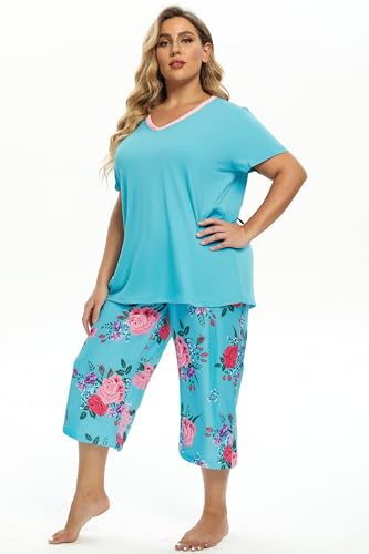 Image of Vozanet Women's Pajamas Set Soft V Neck Sleepwear Top and Capri Pj Lounge Sets Cartoon Heart Shape Cat Nighty Plus Size