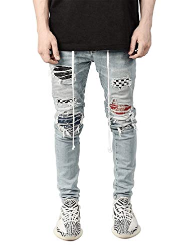 Generic Men's Vintage Ripped Patch Jeans Printed Pattern Skinny Biker Denim Pants Hip Hop Check Patchwork Jean Trousers (Light Blue,XX-Large)2