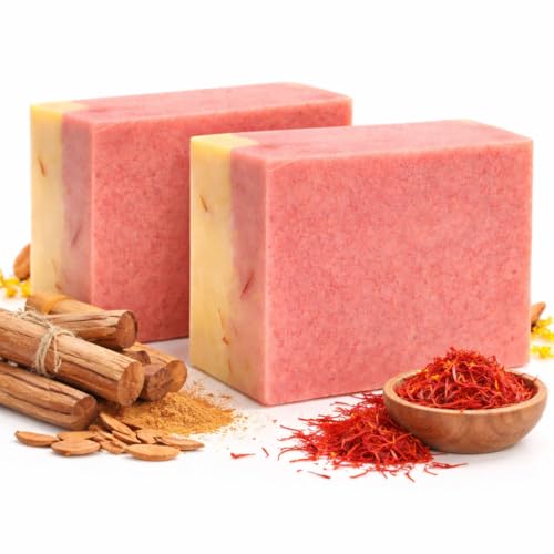 Image of Sandalwood Saffron Goat Milk Soap Bar with Natural Ingredients, Handmade Herbal Bath Soap for Skin Brightening, Moisturizing, and Acne-Prone Skin, 100g, Pack of 2