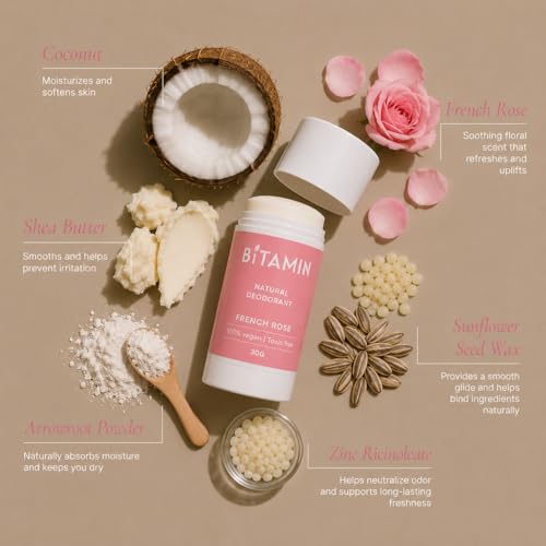 Image of Bitamin Natural Body Wash 400ml with Underarm deodorant Combo | 100% Vegan, Toxin Free Bath & Body Care | LongLasting Odour Control | Enriched with Vit E and Ceramides| French Rose fragrance