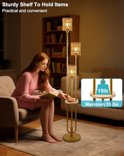 Image of Lightdot Dimmable Boho Floor Lamps with Table 3-Lights Farmhouse Floor Lamp 3000K Warmwhite Bulbs Included Rustic Gold Standing Lamp with 5Lbs Heavy Base for Living Room /Sofa Beside /Corner Decor