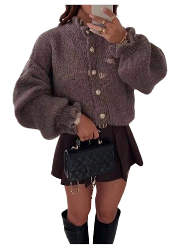 GORGLITTER Women's Ruffle Sweater Button Down Long Sleeve Cardigan Chunky Knit Fall Trendy Coat Winter Clothes Brown Small