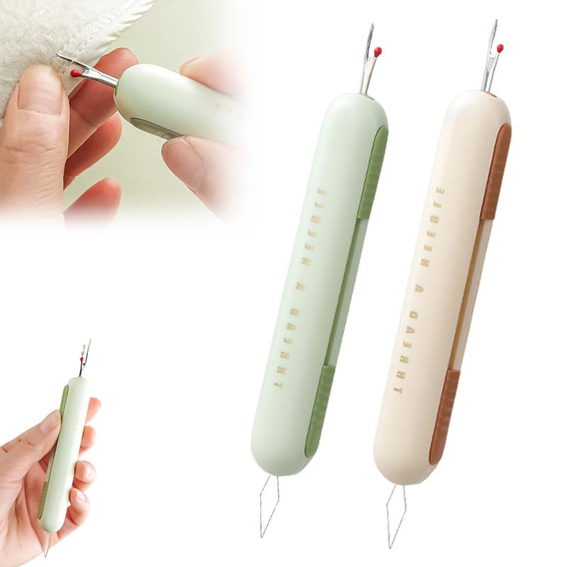 Image of 2 in 1 Needle Threader Seam Ripper, 2024 New Needle Threaders Seam Rippers for Sewing, Upgraded Threading and Seam Remover Seam Ripper Tool for Sewing Crafting Knitting Thread(Green+Cream)