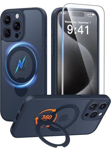 Image of FNTCASE for iPhone 15 Pro-Max Case: [360 Spin Magnetic Stand] [Compatible with Magsafe] [Screen Protector] Translucent Matte Military Grade Shockproof Full Camera Protective Phone Cover - Deep Blue