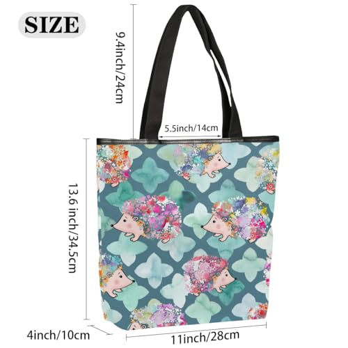 Watercolour Flower Hedgehog Canvas Tote Bag with Zipper and Pockets Canvas Tote Shopping Bag Women Reusable Grocery Bag for Beach Travel Gym Shopping2