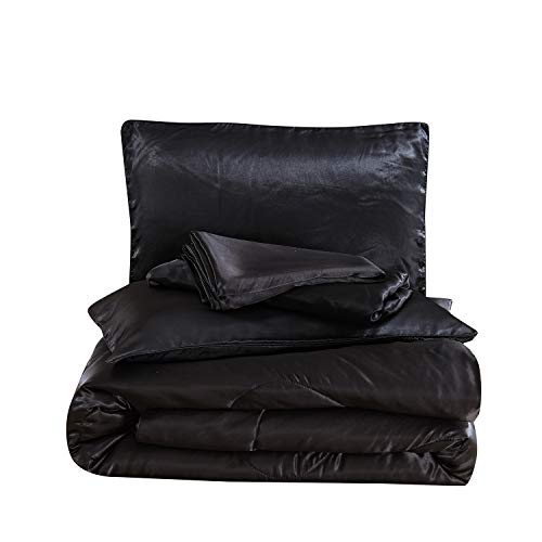 Yearning 5 Pcs Black Satin Comforter Queen Set Silky Bedding,Quality Ultra Soft Premium Bedding Sets-Luxury Quilt,Fitted Sheet And Flat Sheet With 2 Matching Pillow Covers #TOP5