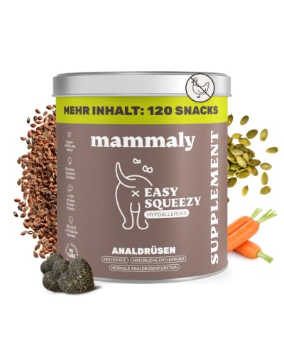 9 in 1 Analdrüsen Leckerli für Hunde mit Ballaststoffen - Easy Squeezy 120 Snacks (350g) von mammaly - gegen verstopfte Analdrüse - für festen KOT und natürliche Analdrüsenentleerung für deinen Hund