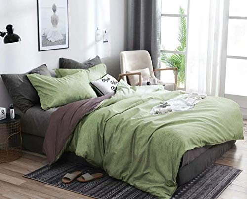 Omelas 3Pcs Green Gray Duvet Cover Set Queen Size Sage Green Charcoal Grey Reversible Duvet Covers Modern Solid Colored Farmhouse Bedding Microfiber Chambray Comforter Quilt Cover for Men Women