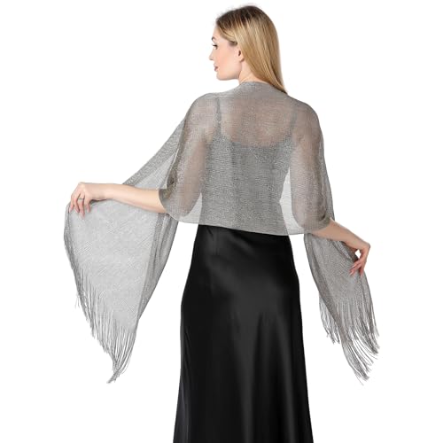 Image of Stoles for Evening Dress with Buckle, Fringes - Polyester Blend, Shimmer Stole Wraps for Weddings, Party | Women's Clothing