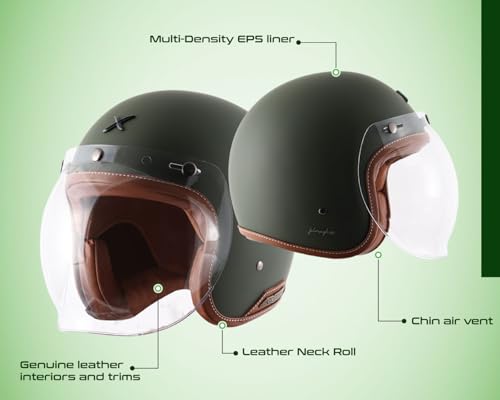 Image of Axor Retro Jet Leather ISI Dot Certified Lightweight Open Face Helmet for Men and Women with Clear Bubble Visor Dull Battle Green(L)