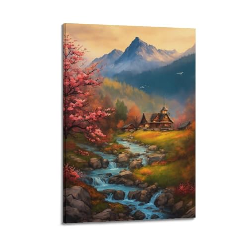 Poster paysage Cabin by Creek enneigé | Toile décorative moderne de 50x75 cm