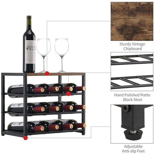 Wine Racks Countertop with Top Tray - Stackable Freestanding Floor Wine Holder - 12 Bottle Wine Bottle Storage Organizer - 3 Tier Wooden Metal Stand for Pantry Home Cabinet Bar Counter - Image 3